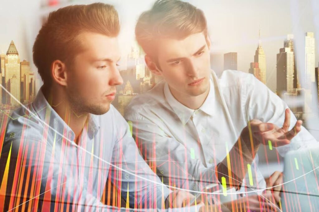 Two individuals engaged in a discussion, with a backdrop of a city skyline and overlaid financial graphs and data indicators.