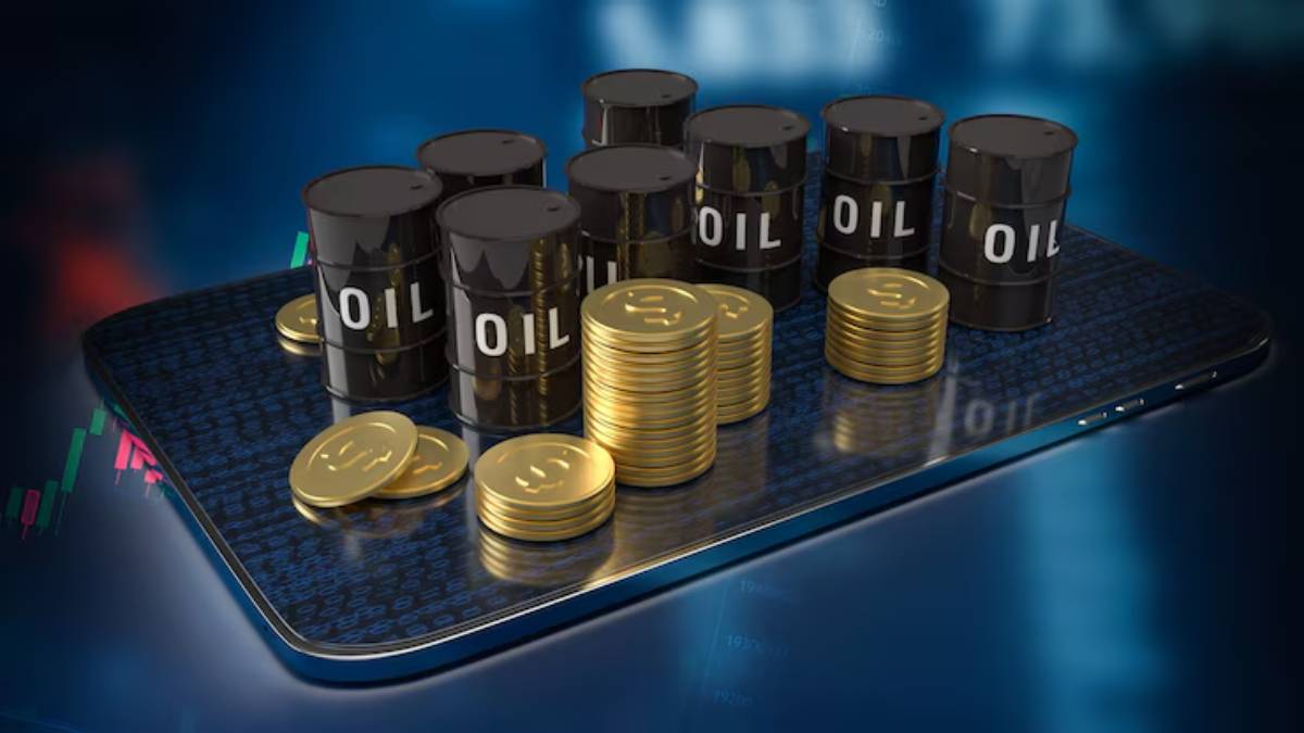 A smartphone displays oil barrels and gold coins, symbolizing the intersection of technology and finance in commodities trading.