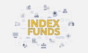 Illustration featuring the text INDEX FUNDS in bold yellow, surrounded by finance-related icons and graphs in gray.