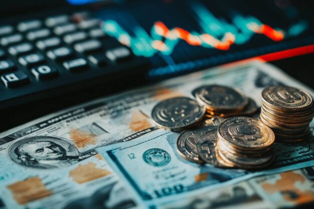 A calculator, cryptocurrency coins, and hundred-dollar bills are arranged together, symbolizing finance and investment.