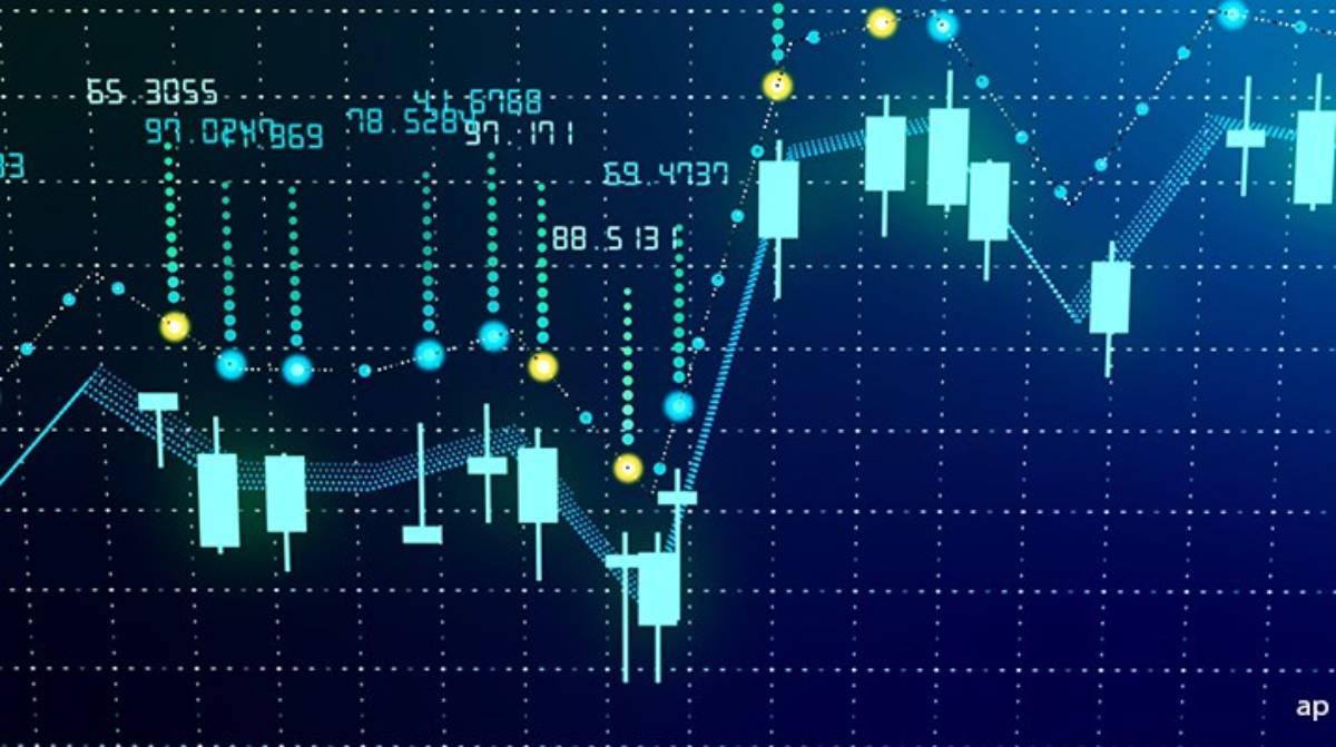 A digital financial chart displaying candlestick patterns, data points, and lines, indicating market trends and price movements.