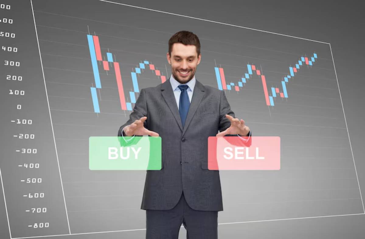 A business professional in a suit stands before a digital stock chart, displaying green buy and sell a index funds