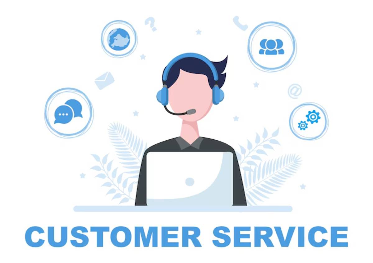 A customer service representative with a headset, sitting at a laptop, surrounded by communication symbols and icons.