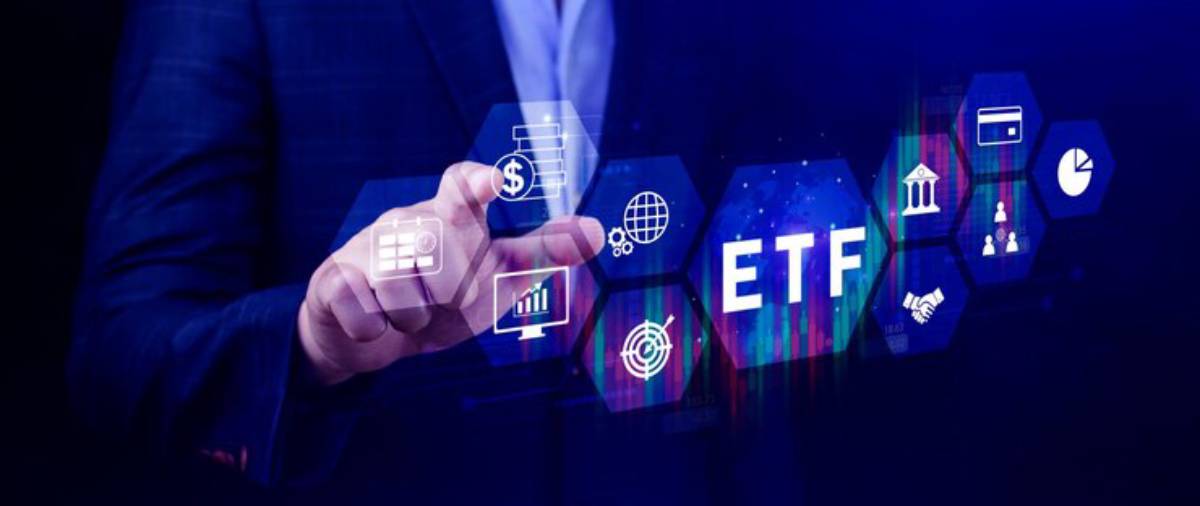 A business professional interacting with digital icons related to ETF investment, including charts, money, and banking symbols.