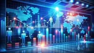 A digital dashboard displays global data analytics, featuring bar graphs, line charts, and silhouettes of people in a modern setting.