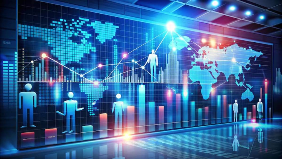 A digital data visualization with world map, graphs, and figures representing analytics and metrics in a futuristic setting.