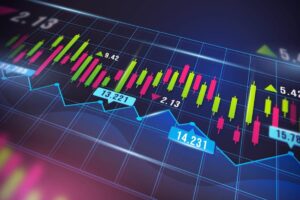 A colorful financial chart featuring candlestick patterns in green and red, with blue data labels indicating values on a grid background.