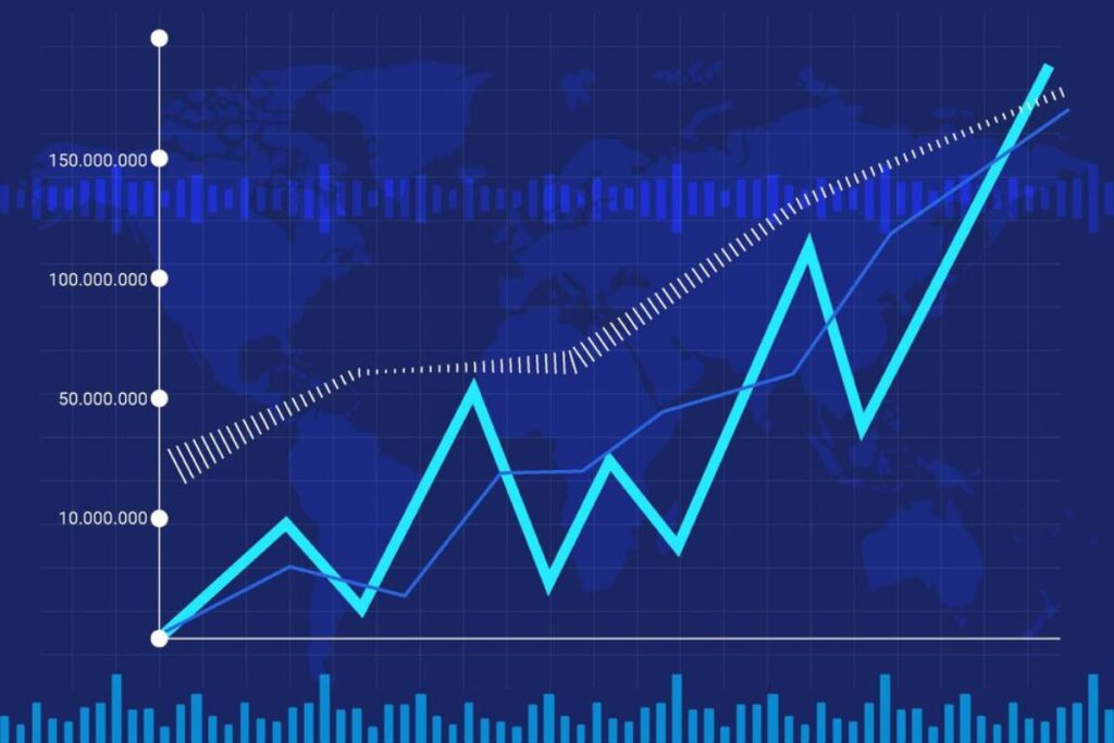 A blue line graph displaying increasing trends with a world map background, indicating data growth over time.