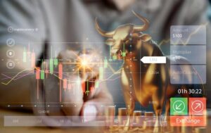 A person analyzes cryptocurrency market data on a digital interface featuring a golden bull statue and trading indicators.