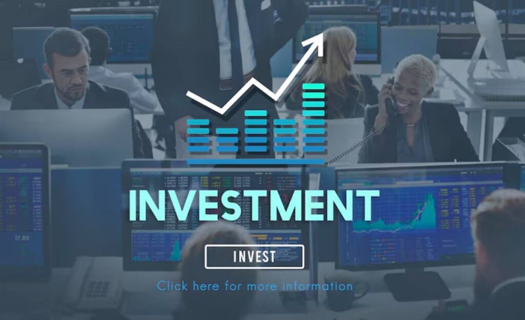 A busy investment office with professionals engaged in trading, multiple computer screens displaying financial data, and a rising graph icon.
