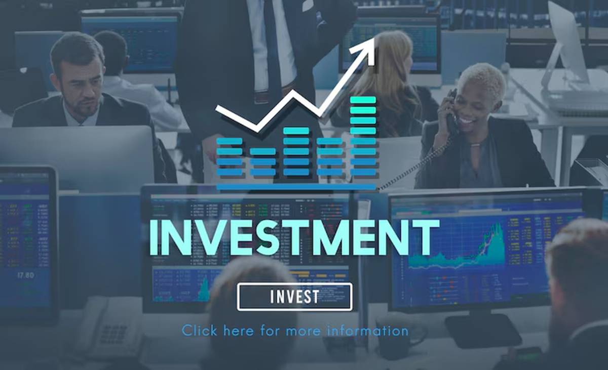 A busy investment office with professionals engaged in trading, multiple computer screens displaying financial data, and a rising graph icon.