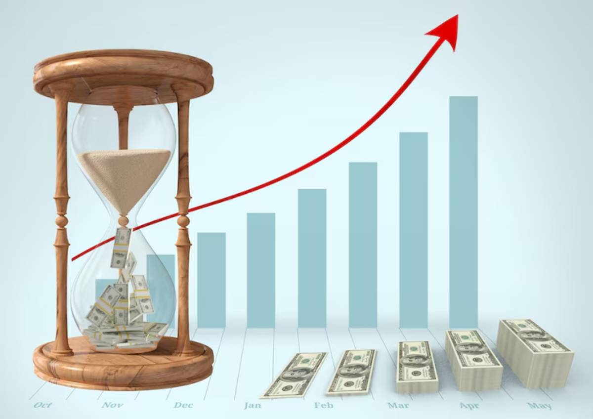 An hourglass filled with cash alongside a rising graph, symbolizing the connection between time and financial growth.
