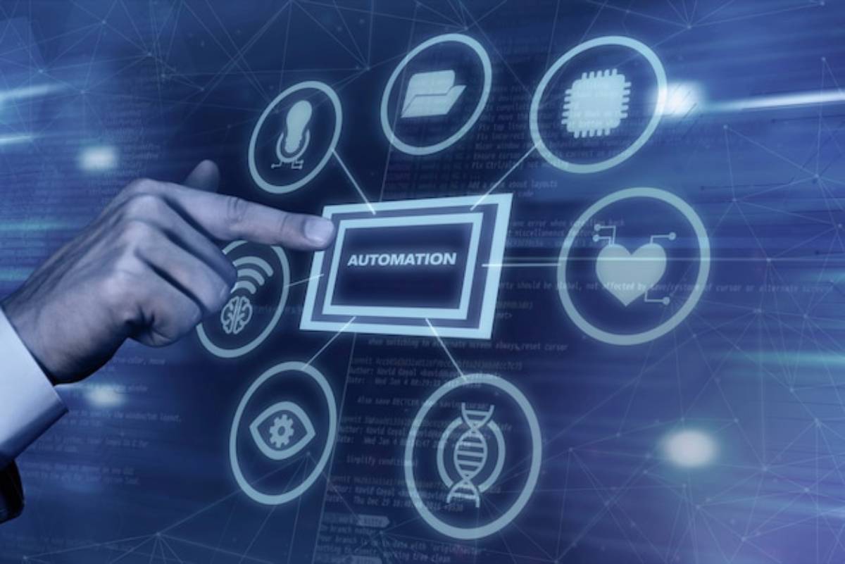 A hand points to a central AUTOMATION icon, surrounded by symbols representing voice, AI, data, and health technology.