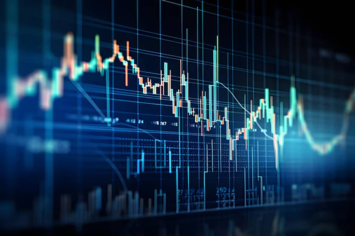 A digital stock market graph displaying fluctuating prices with colorful candlestick patterns against a dark, futuristic background.