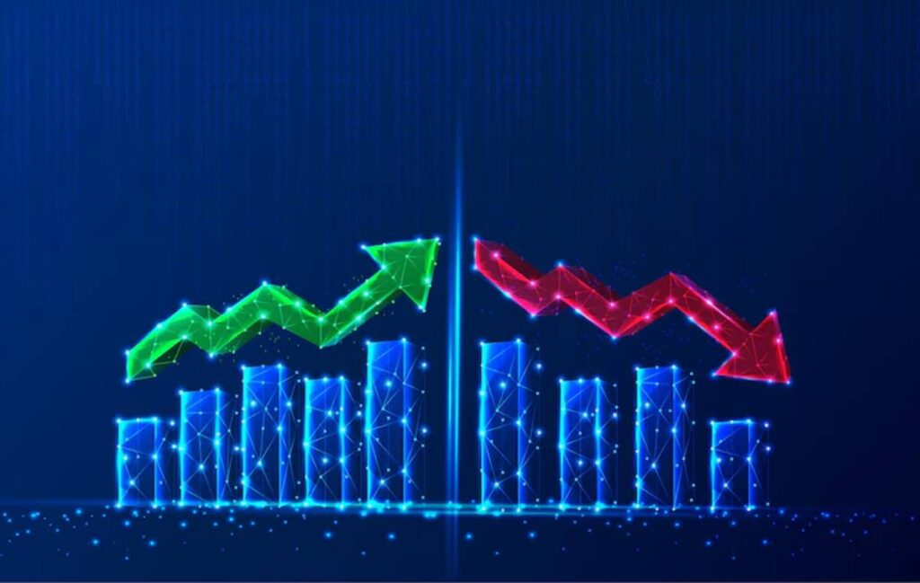 A digital graphic showing a green upward trend line and a red downward trend line, representing fluctuating data or market performance.