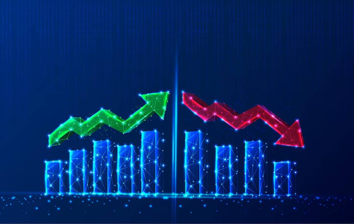 A digital graphic showing a green upward trend line and a red downward trend line, representing fluctuating data or market performance.