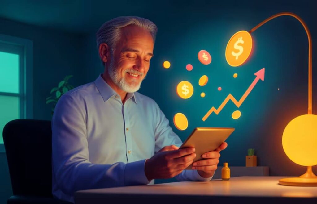 A person in a white shirt uses a tablet, surrounded by glowing currency symbols and an upward trend graph, in a dimly lit room.