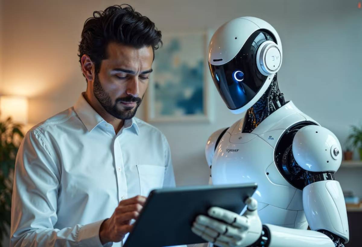 A humanoid robot stands beside a person, both looking at a tablet, in a cozy, softly lit room with greenery and abstract art.