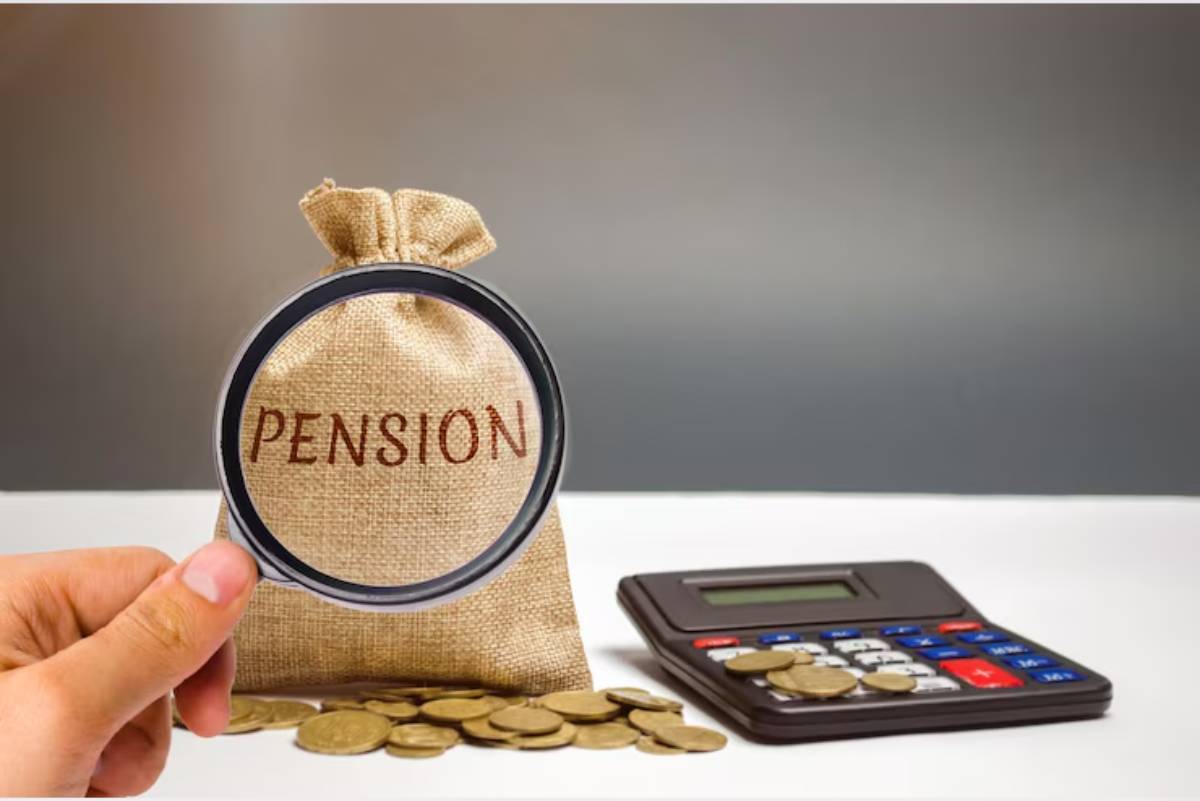 A hand holds a magnifying glass over a burlap sack labeled PENSION, next to a calculator and scattered coins.