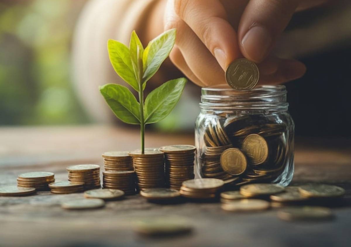 A hand places a coin into a jar surrounded by stacks of coins and a small green plant symbolizes financial growth and investment.